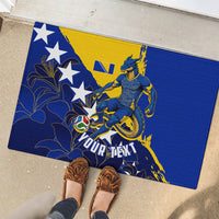 Personalized Bosnia And Herzegovina Football Dragon Mascot Rubber Doormat Balkan Soccer Design With Floral Line Art