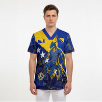Personalized Bosnia And Herzegovina Football Dragon Mascot Scrub Top Balkan Soccer Design With Floral Line Art