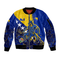 Personalized Bosnia And Herzegovina Football Dragon Mascot Sleeve Zip Bomber Jacket Balkan Soccer Design With Floral Line Art
