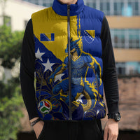 Personalized Bosnia And Herzegovina Football Dragon Mascot Sleeveless Puffer Jacket Balkan Soccer Design With Floral Line Art