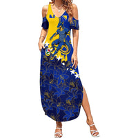 Personalized Bosnia And Herzegovina Football Dragon Mascot Summer Maxi Dress Balkan Soccer Design With Floral Line Art