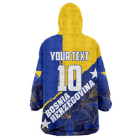 Personalized Bosnia And Herzegovina Football Dragon Mascot Wearable Blanket Hoodie Balkan Soccer Design With Floral Line Art