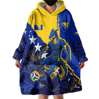 Personalized Bosnia And Herzegovina Football Dragon Mascot Wearable Blanket Hoodie Balkan Soccer Design With Floral Line Art