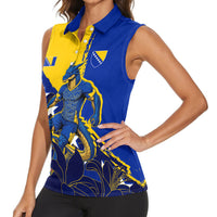 Personalized Bosnia And Herzegovina Football Dragon Mascot Women Sleeveless Polo Shirt Balkan Soccer Design With Floral Line Art