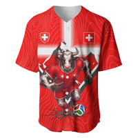 Personalized Switzerland Football Bull Mascot Baseball Jersey Swiss Flag And Alps Mountain Background With Muscular Bull Art