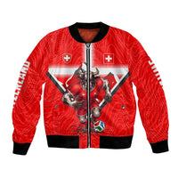 Personalized Switzerland Football Bull Mascot Bomber Jacket Swiss Flag And Alps Mountain Background With Muscular Bull Art