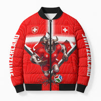 Personalized Switzerland Football Bull Mascot Bomber Puffer Jacket Swiss Flag And Alps Mountain Background With Muscular Bull Art