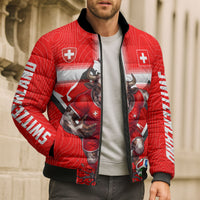 Personalized Switzerland Football Bull Mascot Bomber Puffer Jacket Swiss Flag And Alps Mountain Background With Muscular Bull Art