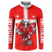 Personalized Switzerland Football Bull Mascot Button Sweatshirt Swiss Flag And Alps Mountain Background With Muscular Bull Art