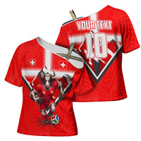 Personalized Switzerland Football Bull Mascot Cross Shoulder Shirt Swiss Flag And Alps Mountain Background With Muscular Bull Art