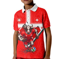 Personalized Switzerland Football Bull Mascot Kid Polo Shirt Swiss Flag And Alps Mountain Background With Muscular Bull Art