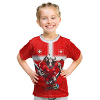 Personalized Switzerland Football Bull Mascot Kid T Shirt Swiss Flag And Alps Mountain Background With Muscular Bull Art