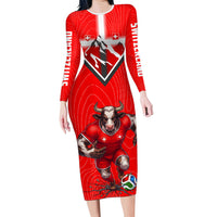 Personalized Switzerland Football Bull Mascot Long Sleeve Bodycon Dress Swiss Flag And Alps Mountain Background With Muscular Bull Art