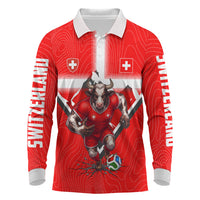 Personalized Switzerland Football Bull Mascot Long Sleeve Polo Shirt Swiss Flag And Alps Mountain Background With Muscular Bull Art