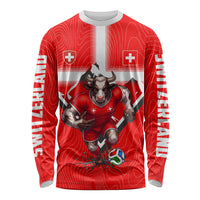 Personalized Switzerland Football Bull Mascot Long Sleeve Shirt Swiss Flag And Alps Mountain Background With Muscular Bull Art