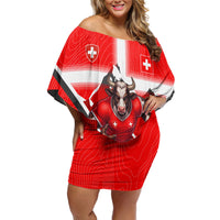 Personalized Switzerland Football Bull Mascot Off Shoulder Short Dress Swiss Flag And Alps Mountain Background With Muscular Bull Art