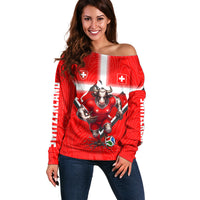 Personalized Switzerland Football Bull Mascot Off Shoulder Sweater Swiss Flag And Alps Mountain Background With Muscular Bull Art