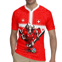 Personalized Switzerland Football Bull Mascot Rugby Jersey Swiss Flag And Alps Mountain Background With Muscular Bull Art