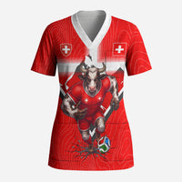Personalized Switzerland Football Bull Mascot Scrub Top Swiss Flag And Alps Mountain Background With Muscular Bull Art