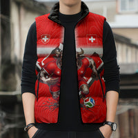 Personalized Switzerland Football Bull Mascot Sleeveless Puffer Jacket Swiss Flag And Alps Mountain Background With Muscular Bull Art