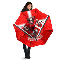 Personalized Switzerland Football Bull Mascot Umbrella Swiss Flag And Alps Mountain Background With Muscular Bull Art