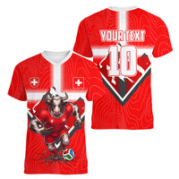Personalized Switzerland Football Bull Mascot Women V-Neck T-Shirt Swiss Flag And Alps Mountain Background With Muscular Bull Art