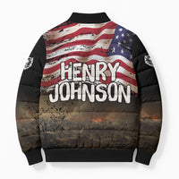 Henry Johnson Black History Month Bomber Puffer Jacket Distressed US Flag American Hero Portrait