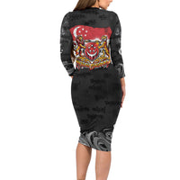 Singapore National Flag Day Long Sleeve Bodycon Dress Lion Tiger Coat Of Arms Grunge Graffiti