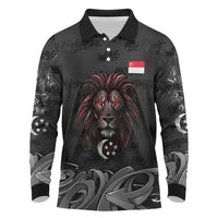 Singapore National Flag Day Long Sleeve Polo Shirt Lion Tiger Coat Of Arms Grunge Graffiti