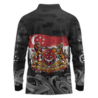 Singapore National Flag Day Long Sleeve Polo Shirt Lion Tiger Coat Of Arms Grunge Graffiti