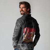 Singapore National Flag Day Long Sleeve Polo Shirt Lion Tiger Coat Of Arms Grunge Graffiti