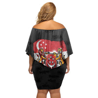 Singapore National Flag Day Off Shoulder Short Dress Lion Tiger Coat Of Arms Grunge Graffiti