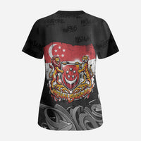 Singapore National Flag Day Scrub Top Lion Tiger Coat Of Arms Grunge Graffiti