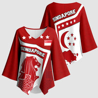 Singapore Merlion Kimono Sleeve Blouse National Flag Day Patriotic Crescent Moon And Stars