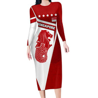 Singapore Merlion Long Sleeve Bodycon Dress National Flag Day Patriotic Crescent Moon And Stars