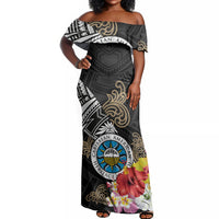Caribbean American Heritage Month Off Shoulder Maxi Dress Tribal Pattern Tropical Hibiscus Flower