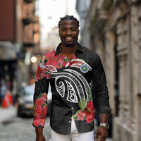 Caribbean American Heritage Month Long Sleeve Button Shirt Tropical Hibiscus Flower Tribal Tattoo