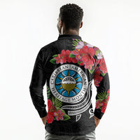 Caribbean American Heritage Month Long Sleeve Polo Shirt Tropical Hibiscus Flower Tribal Tattoo