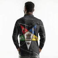 OES Order Of The Eastern Star Long Sleeve Polo Shirt Five Pointed Star Emblem On Black Marble Texture