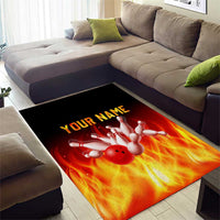Bowling Ball and Pins Design Area Rug with Flame Background and Custom Team Name Text - Wonder Print Shop