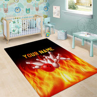 Bowling Ball and Pins Design Area Rug with Flame Background and Custom Team Name Text - Wonder Print Shop