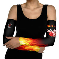 Bowling Ball and Pins Design Arm Sleeves with Flame Background and Custom Team Name Text - Wonder Print Shop