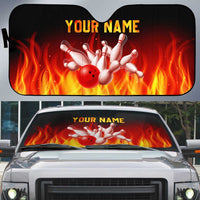 Bowling Ball and Pins Design Auto Sun Shade with Flame Background and Custom Team Name Text - Wonder Print Shop