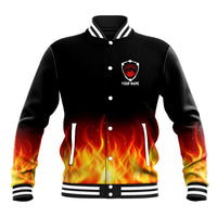 Bowling Ball and Pins Design Baseball Jacket with Flame Background and Custom Team Name Text - Wonder Print Shop