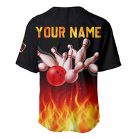 Bowling Ball and Pins Design Baseball Jersey with Flame Background and Custom Team Name Text - Wonder Print Shop