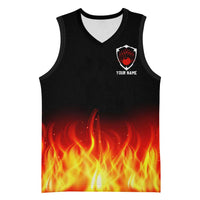 Bowling Ball and Pins Design Basketball Jersey with Flame Background and Custom Team Name Text - Wonder Print Shop