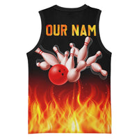 Bowling Ball and Pins Design Basketball Jersey with Flame Background and Custom Team Name Text - Wonder Print Shop