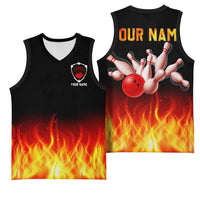 Bowling Ball and Pins Design Basketball Jersey with Flame Background and Custom Team Name Text - Wonder Print Shop