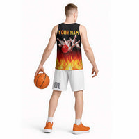 Bowling Ball and Pins Design Basketball Jersey with Flame Background and Custom Team Name Text - Wonder Print Shop