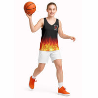 Bowling Ball and Pins Design Basketball Jersey with Flame Background and Custom Team Name Text - Wonder Print Shop